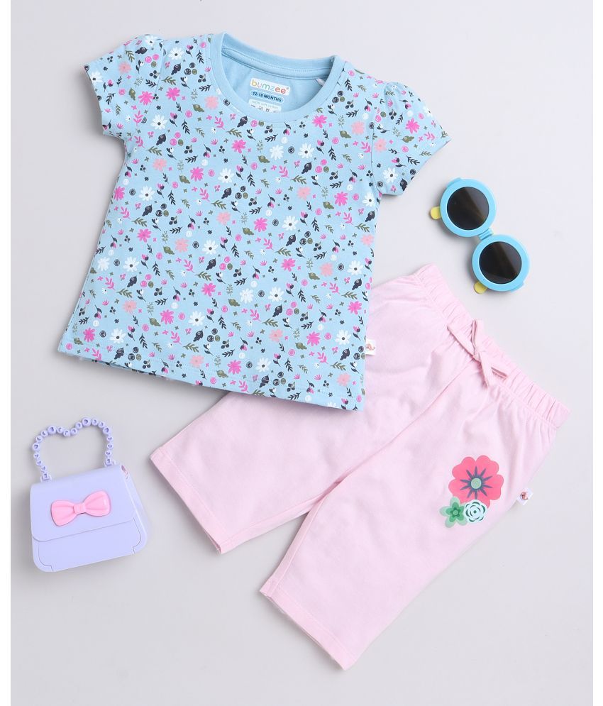     			BUMZEE Powder Blue & Pink Girls Cap Sleeves T-Shirt & Capri Set Age - 6-12 Months