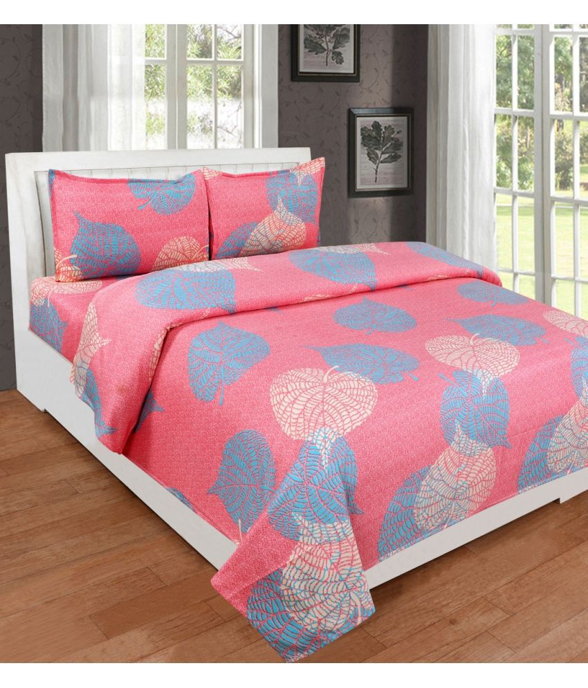     			Neekshaa Glace Cotton Nature 1 Double Bedsheet with 2 Pillow Covers - Pink