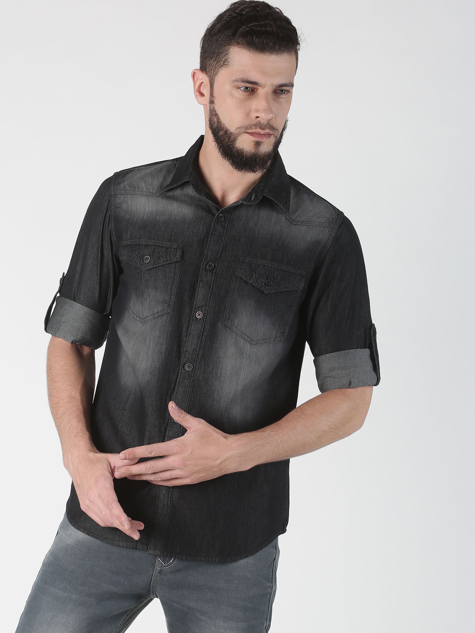     			OJASS Denim Regular Fit Self Design Rollup Sleeves Men's Casual Shirt - Black ( Pack of 1 )