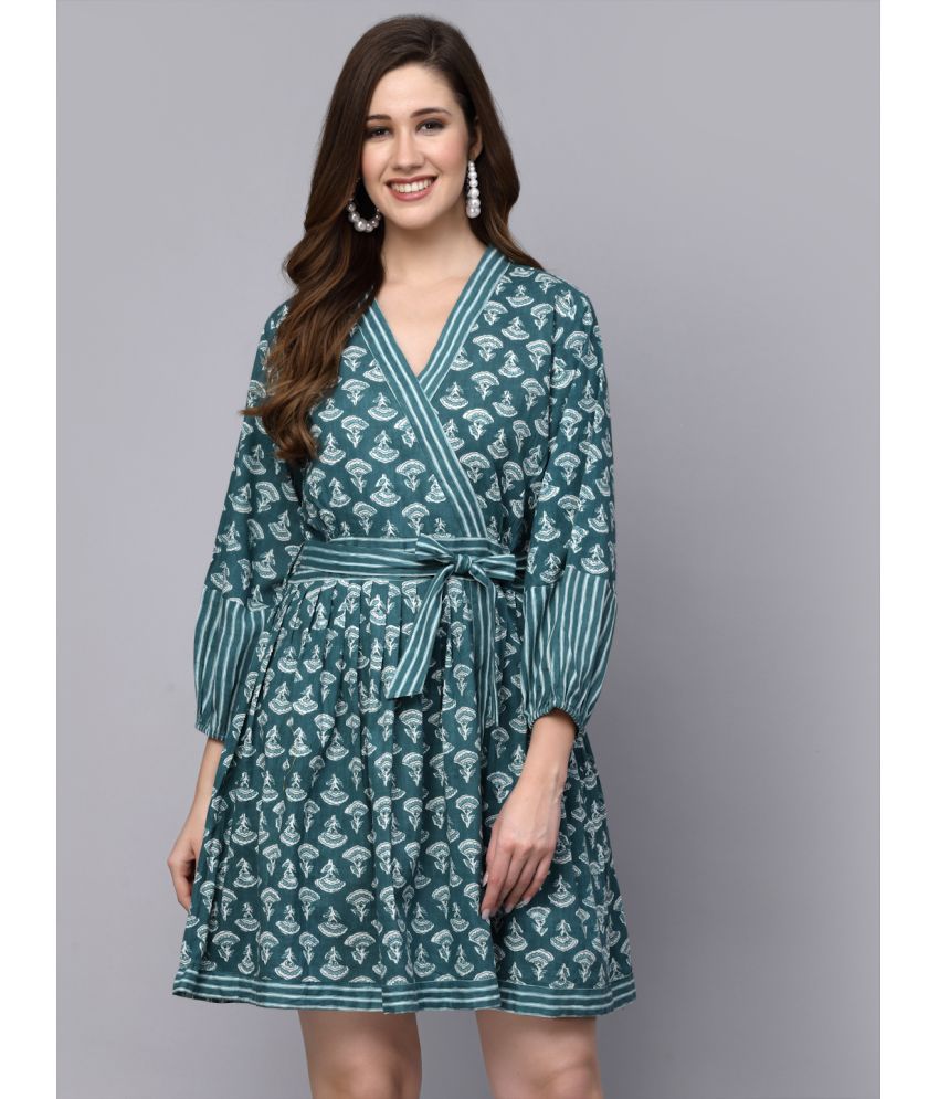     			Stylum Cotton Printed Above Knee Women's Wrap Dress - Teal ( Pack of 1 )