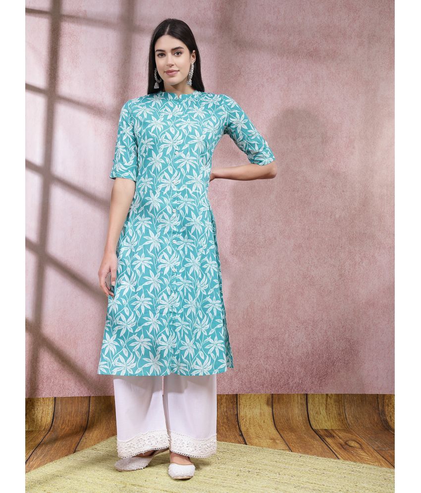     			Stylum Cotton Printed Front Slit Women's Kurti - Turquoise ( Pack of 1 )