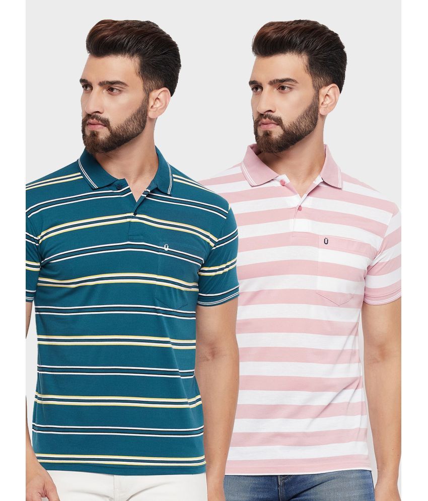     			UNIBERRY Pack of 2 Cotton Blend Regular Fit Striped Half Sleeves Men's Polo T Shirt ( Teal Blue )