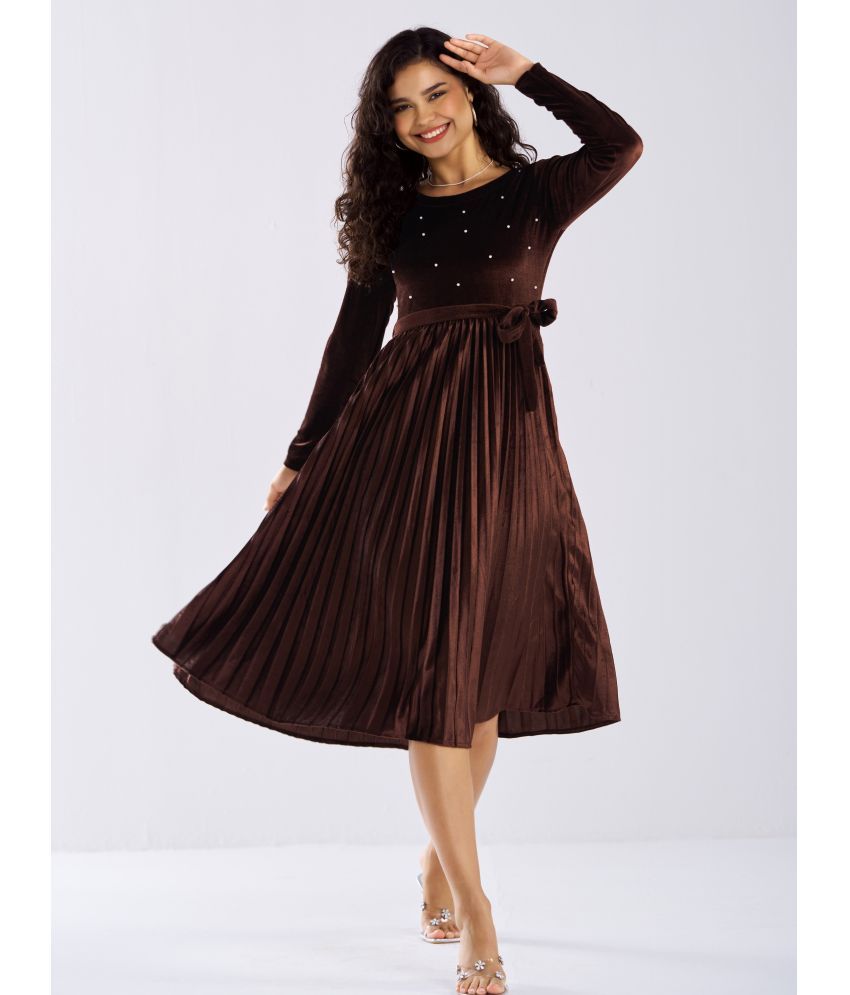     			aask Velvet Solid Midi Women's Fit & Flare Dress - Brown ( Pack of 1 )