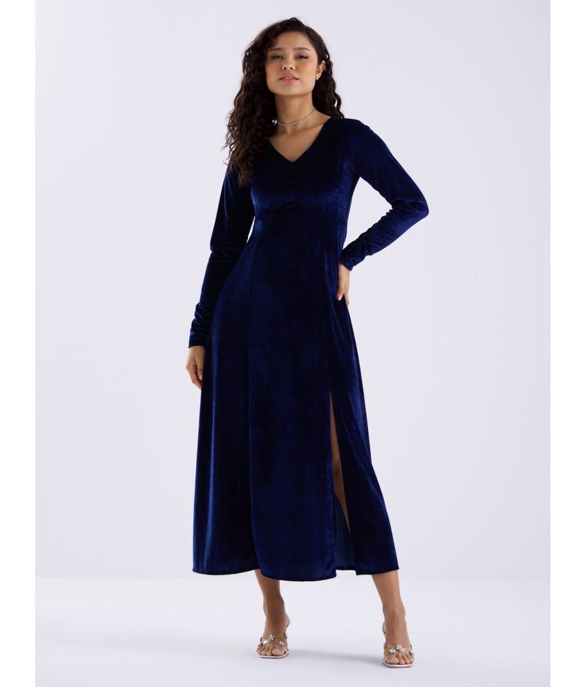     			aask Velvet Solid Midi Women's Fit & Flare Dress - Blue ( Pack of 1 )