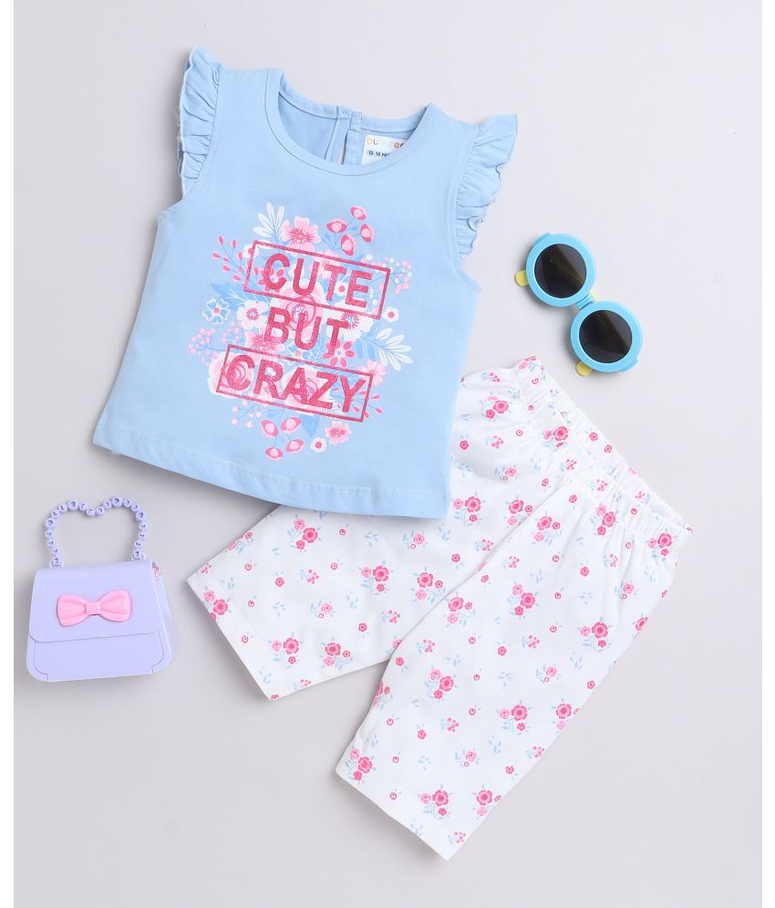     			BUMZEE Blue & White Girls Sleeveless T-Shirt & Capri Set Age - 6-12 Months