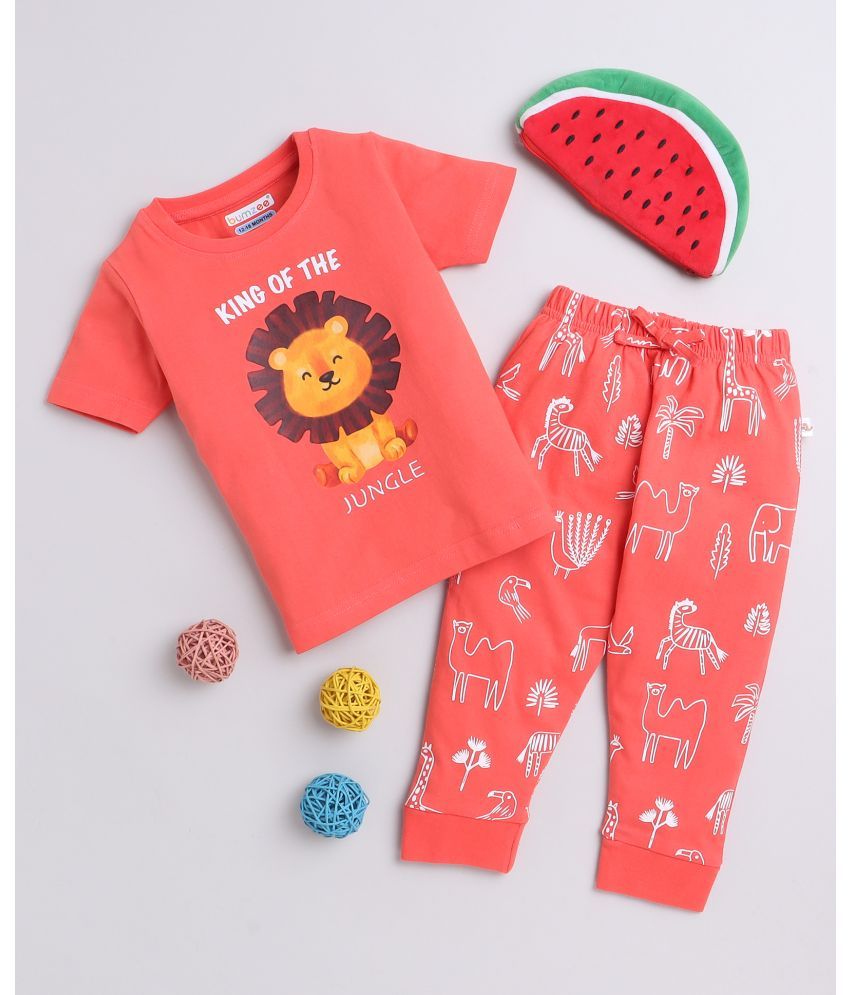     			BUMZEE Single Boys 100% Cotton Nightsuit Set ( Coral )