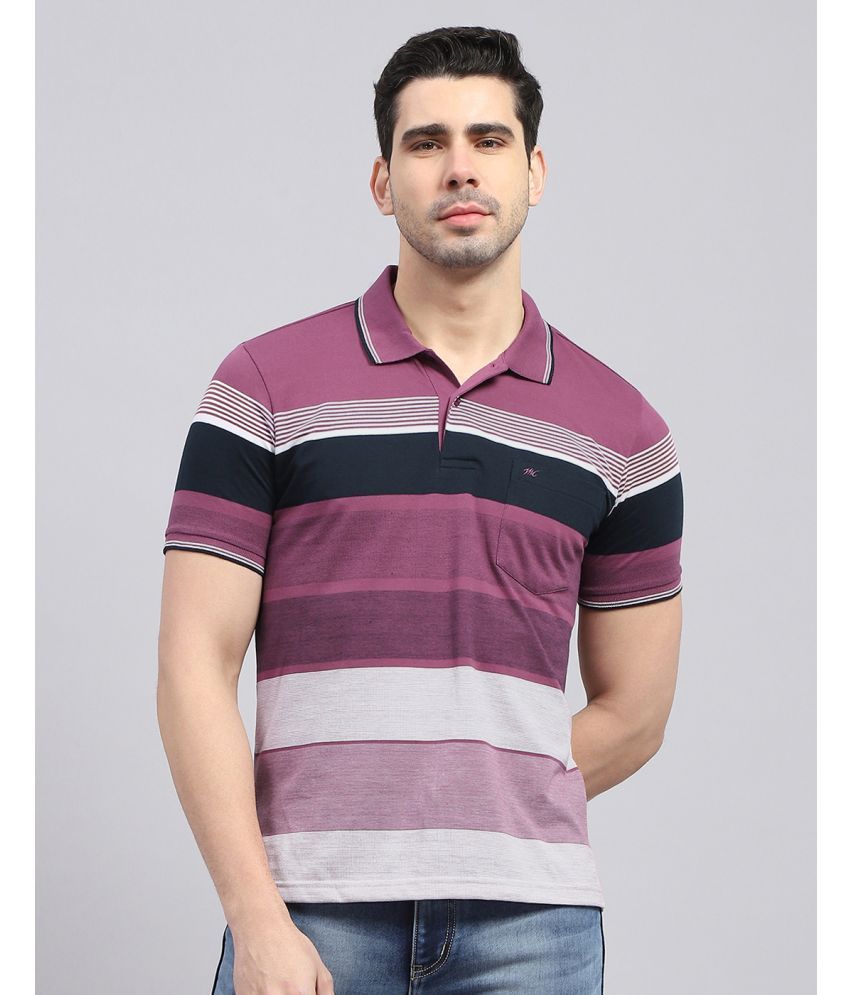     			Monte Carlo Cotton Blend Regular Fit Striped Half Sleeves Men's Polo T Shirt - Purple ( Pack of 1 )