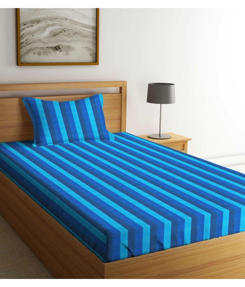     			NISSI Cotton Vertical Striped 1 Single Bedsheet with 1 Pillow Cover - Blue