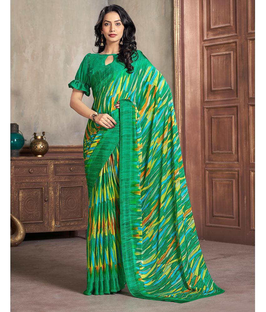     			Samah Chiffon Printed Saree With Blouse Piece - Light Green ( Pack of 1 )
