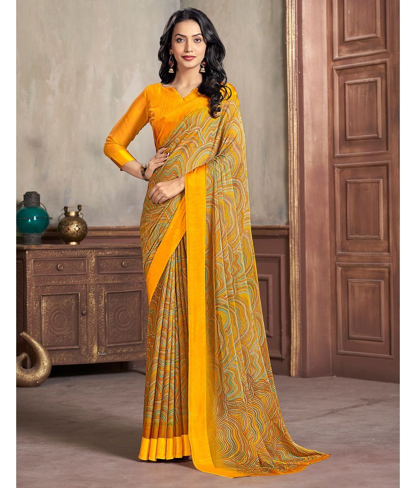     			Samah Chiffon Printed Saree With Blouse Piece - Mustard ( Pack of 1 )