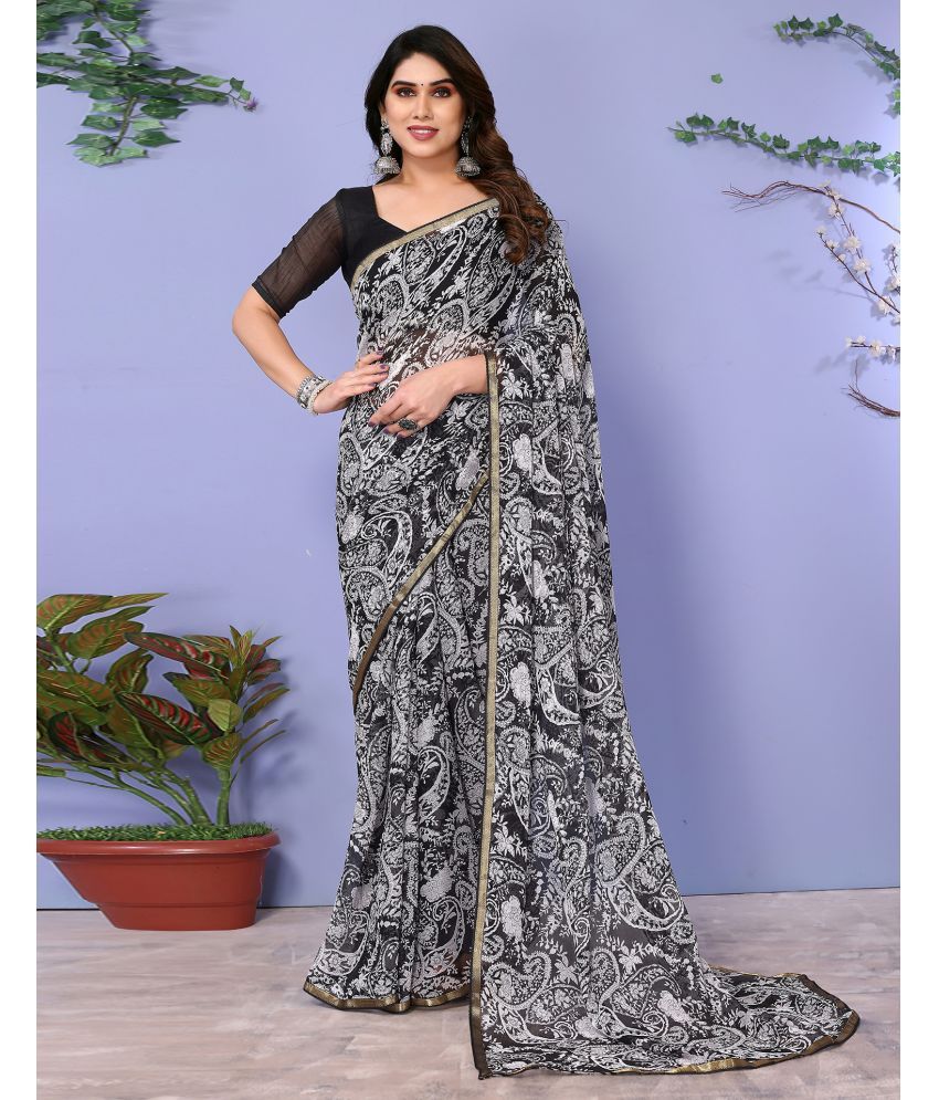     			Samah Chiffon Printed Saree With Blouse Piece - Black ( Pack of 1 )