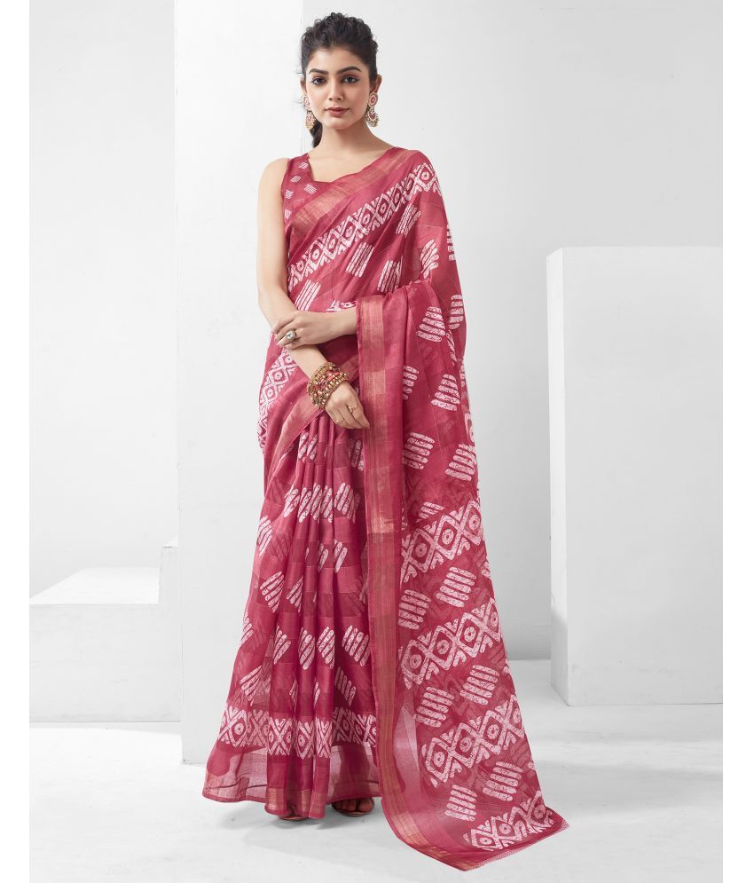     			Samah Cotton Blend Printed Saree With Blouse Piece - Pink ( Pack of 1 )