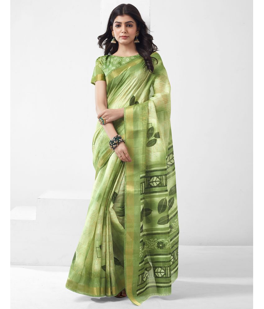     			Samah Cotton Blend Printed Saree With Blouse Piece - Olive ( Pack of 1 )