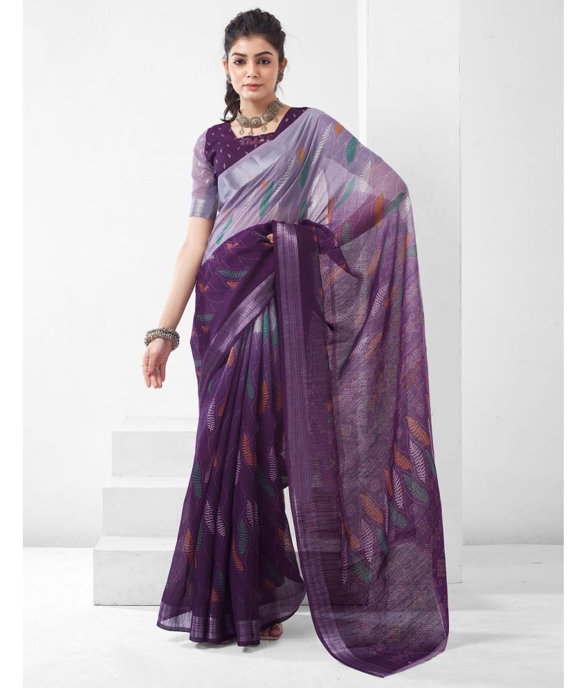     			Samah Cotton Blend Printed Saree With Blouse Piece - Purple ( Pack of 1 )