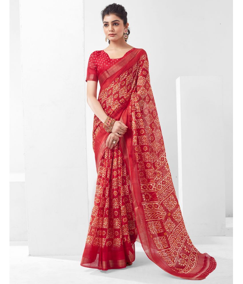     			Samah Cotton Blend Printed Saree With Blouse Piece - Red ( Pack of 1 )