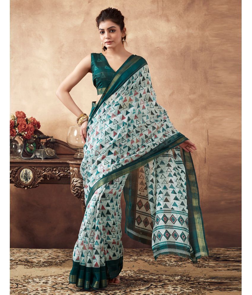     			Samah Cotton Blend Printed Saree With Blouse Piece - Green ( Pack of 1 )