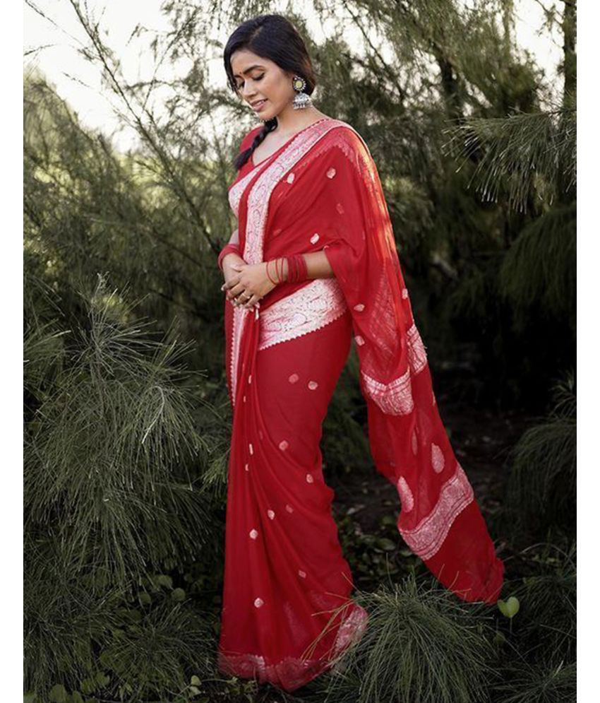     			Samah Cotton Silk Self Design Saree With Blouse Piece - Red ( Pack of 1 )