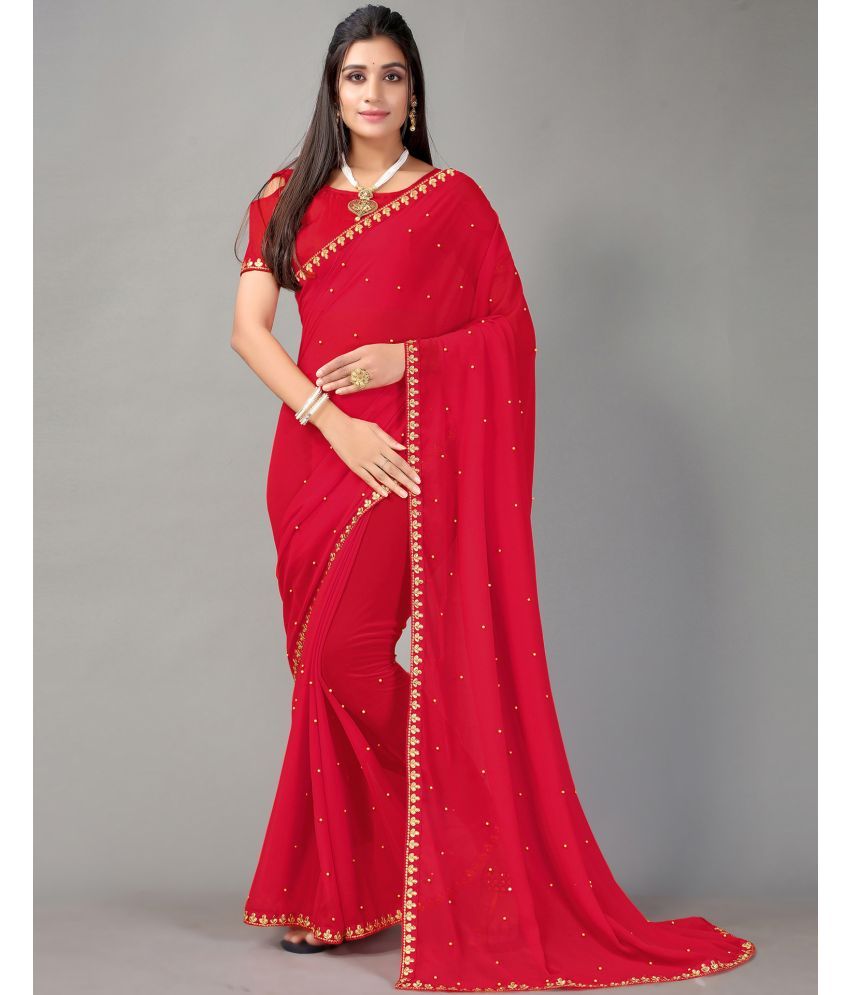     			Samah Georgette Dyed Saree With Blouse Piece - Red ( Pack of 1 )