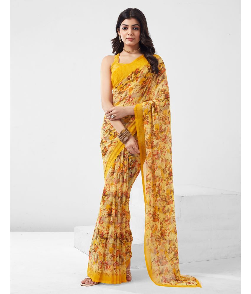     			Samah Georgette Printed Saree With Blouse Piece - Yellow ( Pack of 1 )