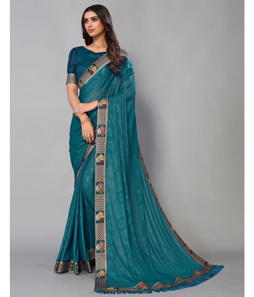     			Samah Lycra Self Design Saree With Blouse Piece - Teal ( Pack of 1 )