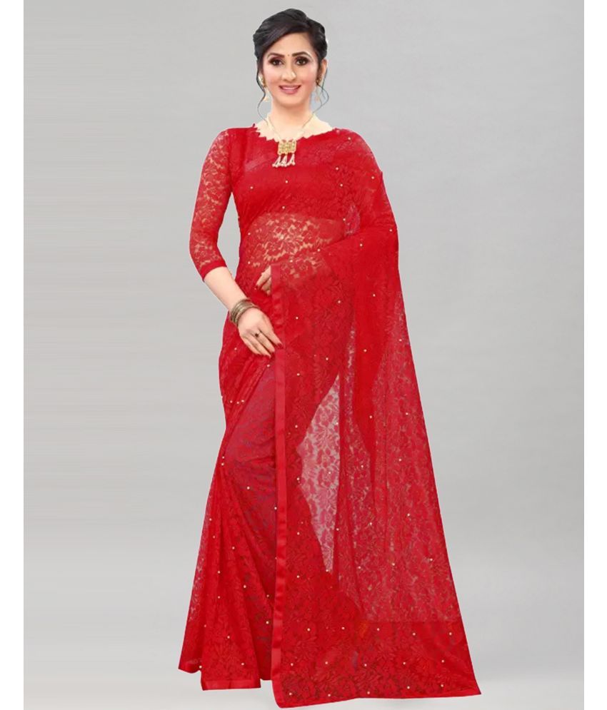     			Samah Net Embellished Saree With Blouse Piece - Red ( Pack of 1 )