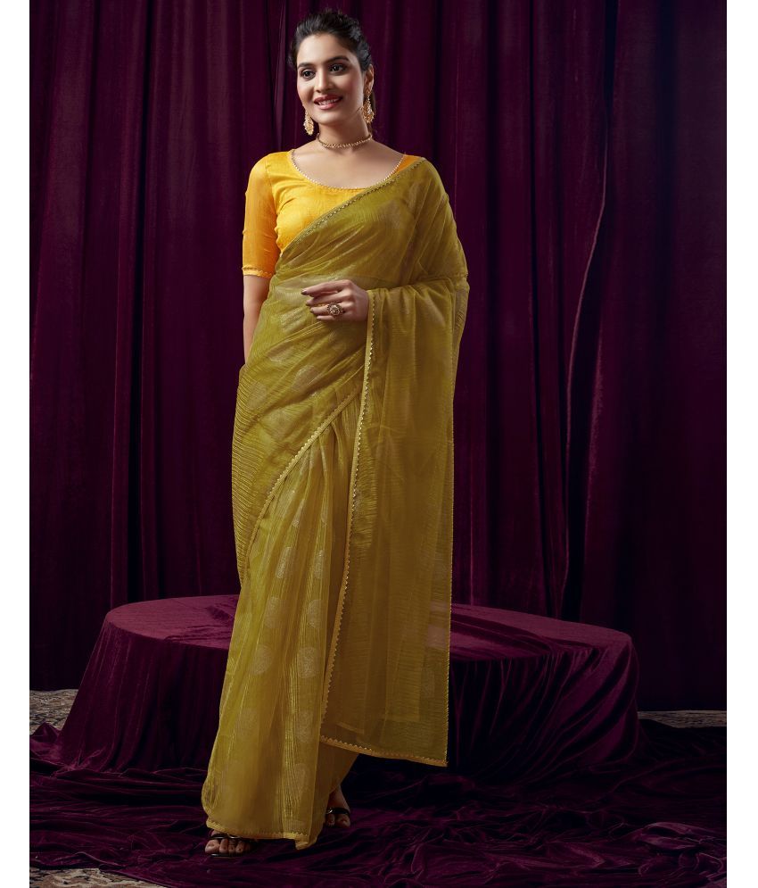     			Samah Net Printed Saree With Blouse Piece - Yellow ( Pack of 1 )