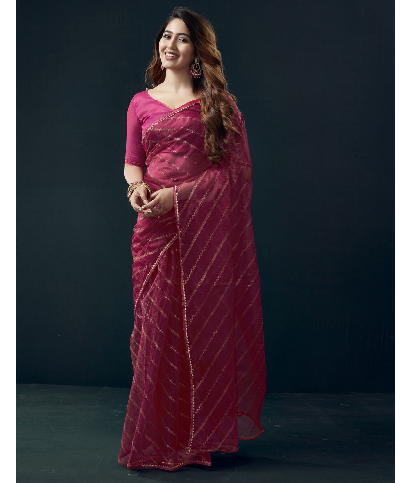     			Samah Net Printed Saree With Blouse Piece - Pink ( Pack of 1 )