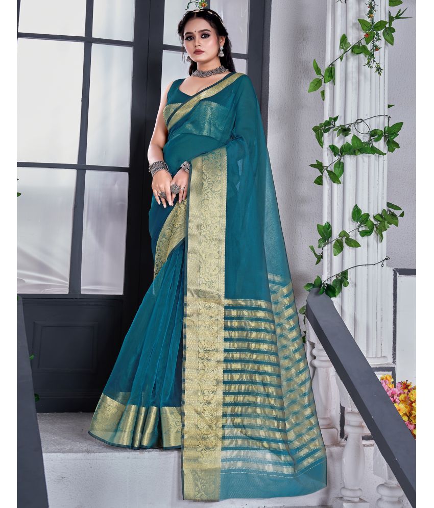     			Samah Organza Dyed Saree With Blouse Piece - Teal ( Pack of 1 )