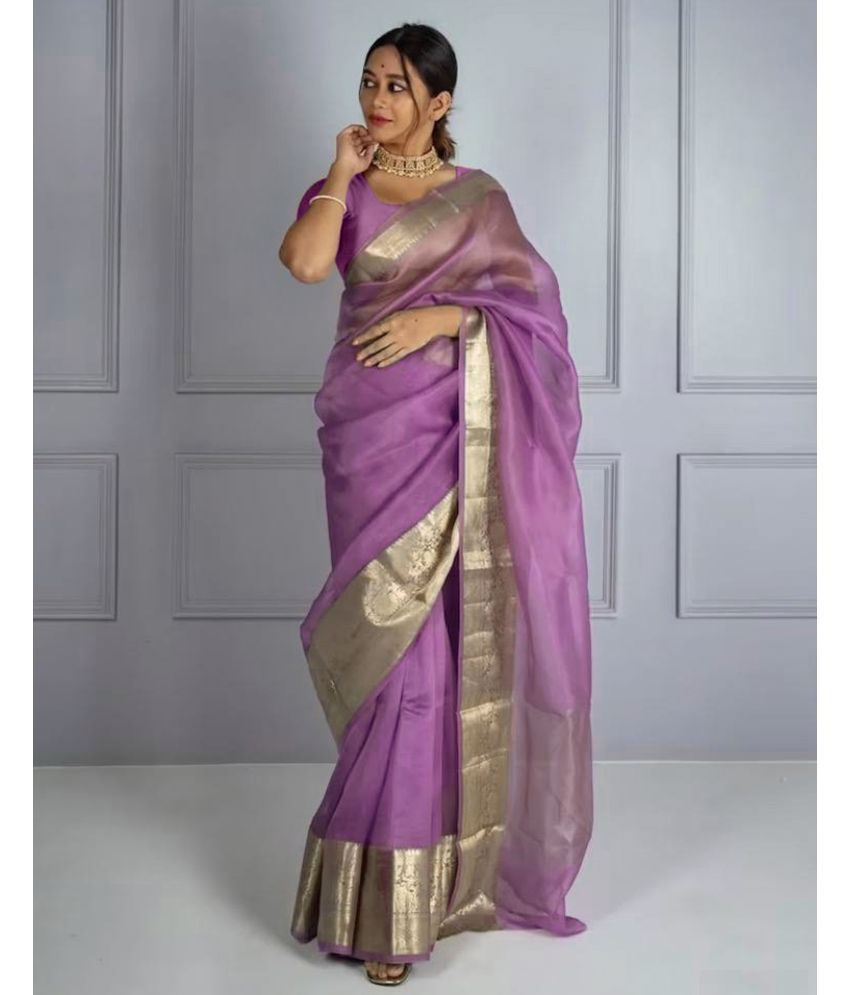     			Samah Organza Dyed Saree With Blouse Piece - Purple ( Pack of 1 )