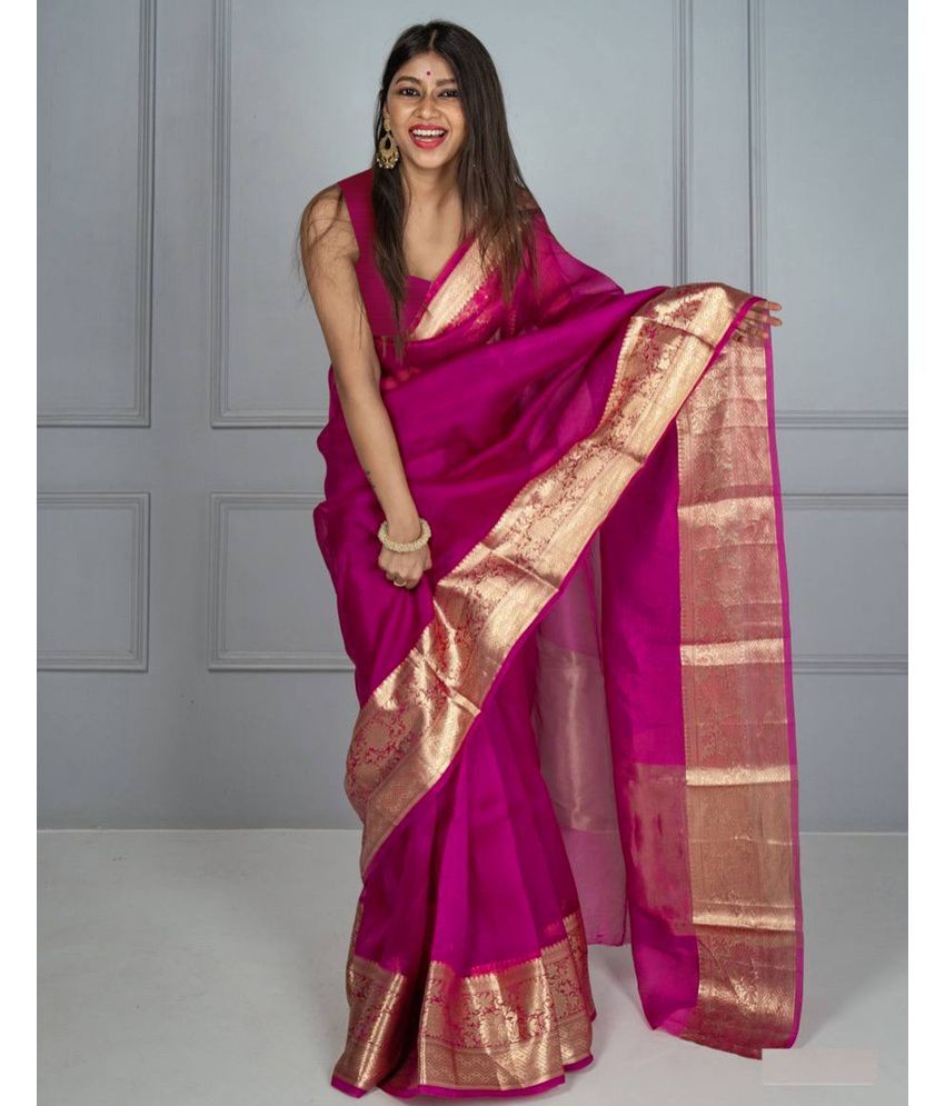     			Samah Organza Dyed Saree With Blouse Piece - Magenta ( Pack of 1 )