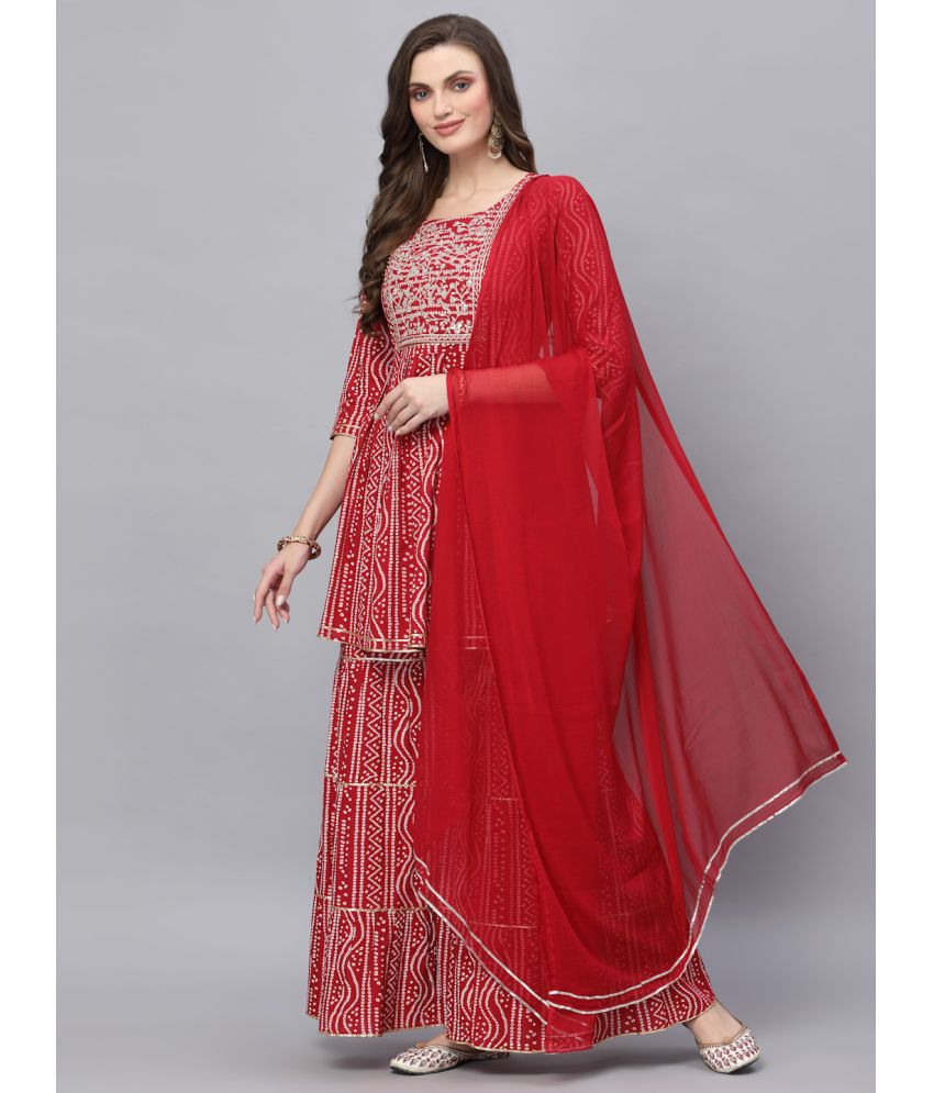     			Stylum Rayon Embroidered Kurti With Sharara And Gharara Women's Stitched Salwar Suit - Red ( Pack of 1 )