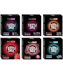 NottyBoy 4in1 Dotted Ribbed Contoured OverTime, Ultra Ribbed, Raised Dots, Extra Thin, Bubblegum and Strawberry Flavoured Condom- (Set of 6,18 Sheets)