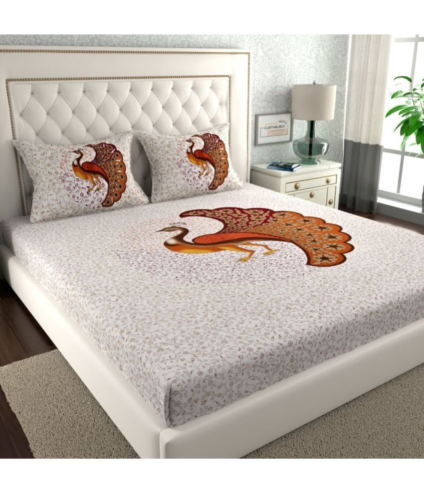     			Angvarnika Cotton Birds 1 Double Bedsheet with 2 Pillow Covers - Orange