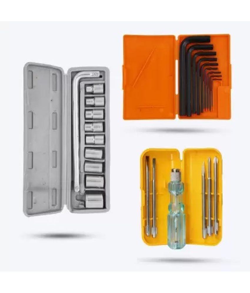     			3Pc Hand Tool Kit (10pc Socket Wrench Kit, 9pcAllen Key Set & 5pc Screwdriver Kit)
