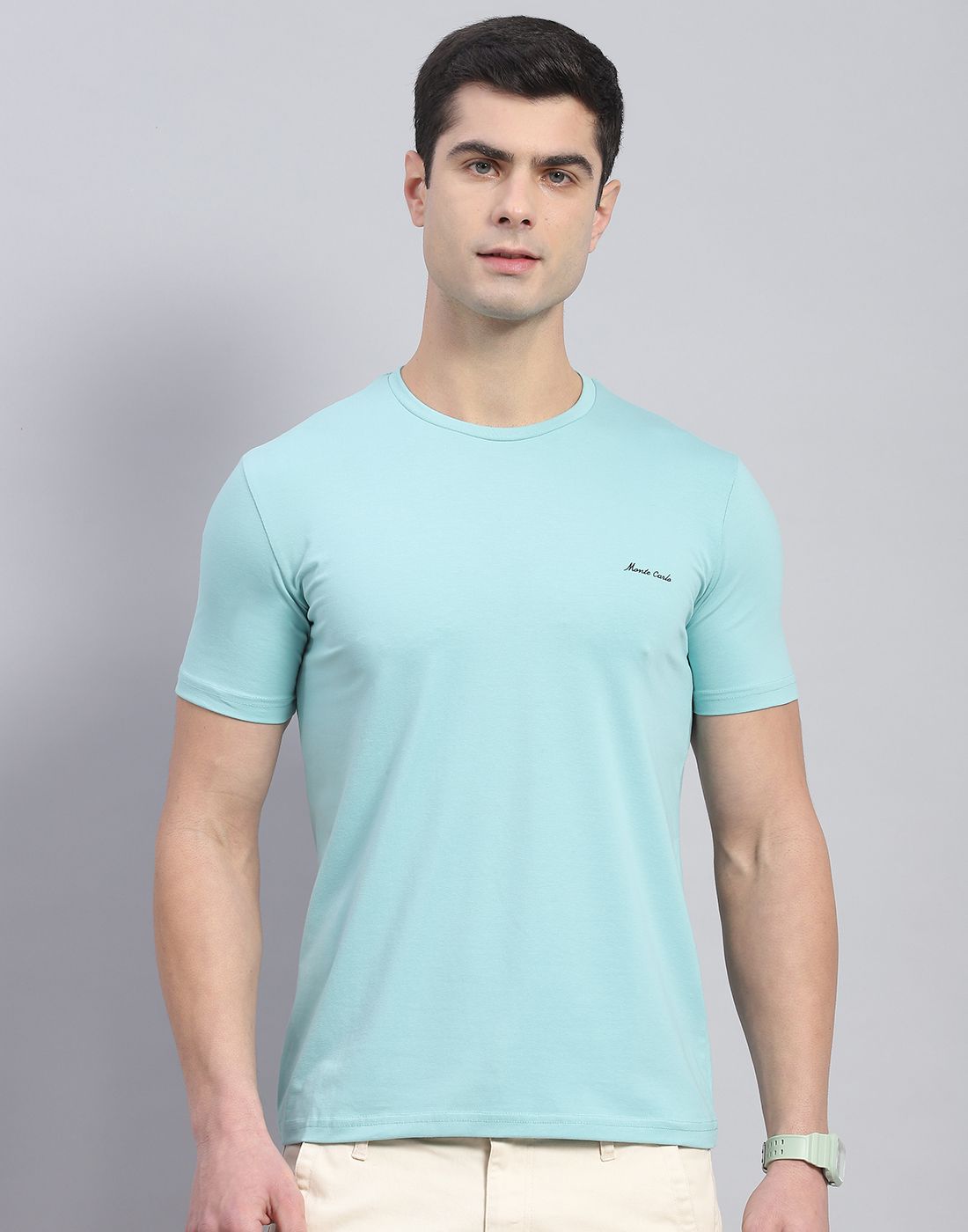     			Monte Carlo Cotton Blend Regular Fit Solid Half Sleeves Men's T-Shirt - Sky Blue ( Pack of 1 )