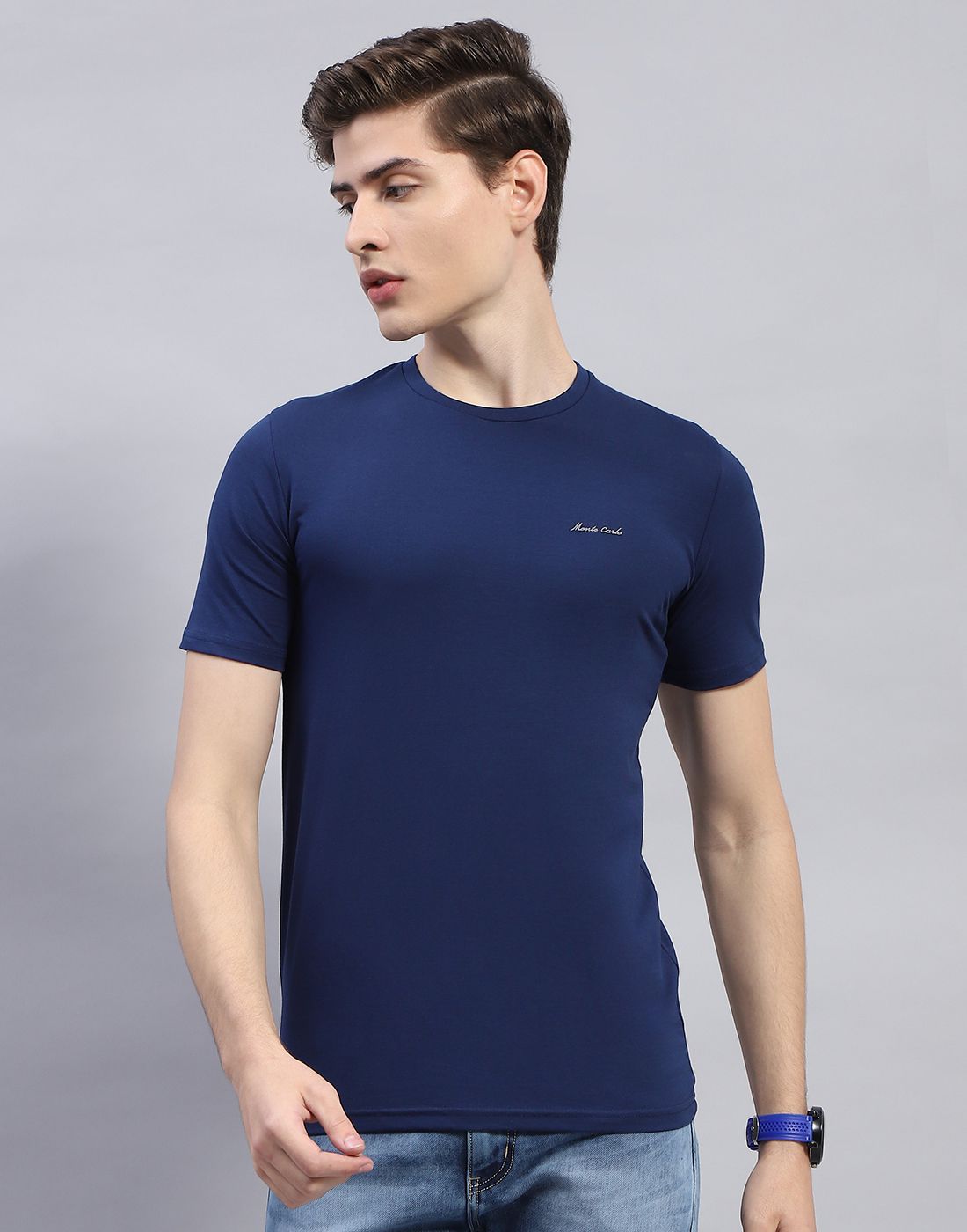     			Monte Carlo Cotton Blend Regular Fit Solid Half Sleeves Men's T-Shirt - Blue ( Pack of 1 )