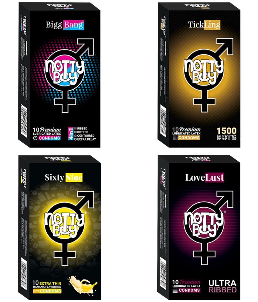     			NottyBoy 4 IN 1, 1500 Dots, Ultra Ribbed, Extra Time, Contour, Thin, Banana Flavoured Condom For Men - 40 Units