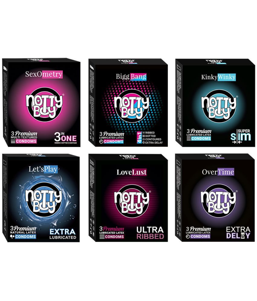     			NottyBoy Combo Pack 4-In-1 & 3-InOne, Dotted, Ultra Ribbed, Last Longer,  Extra Thin, Contoured & More Lubricated Smooth Condoms- 18 Units