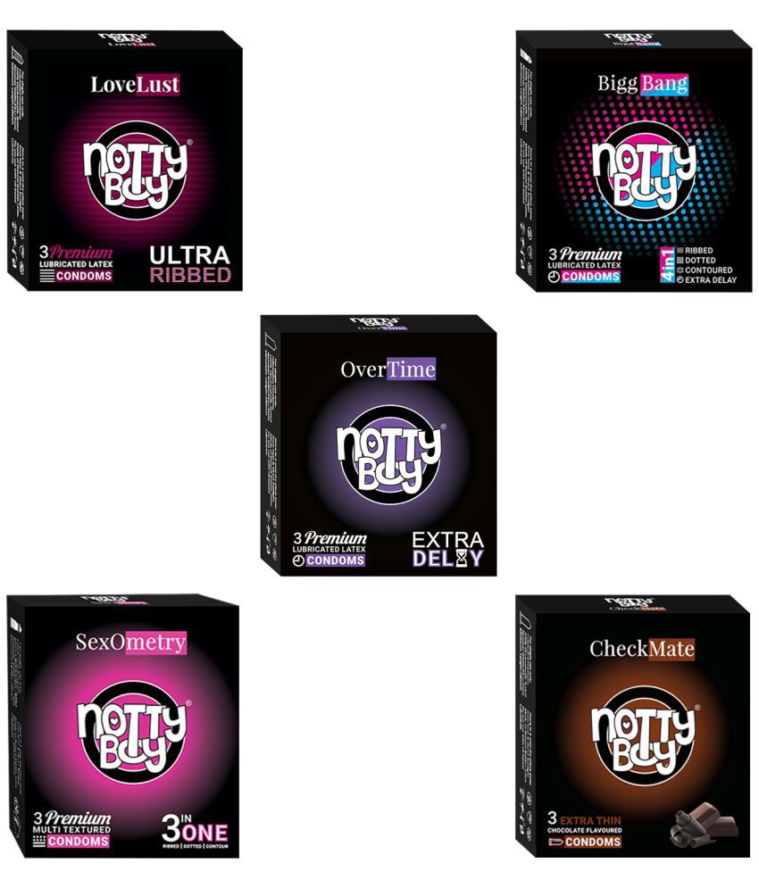    			NottyBoy Combo Pack Extra Thin Chocolate Flavoured, 3-In-One & 4-IN-1, Ultra Ribbed, Dotted, Contoured Extra Time Condoms - 15 Units