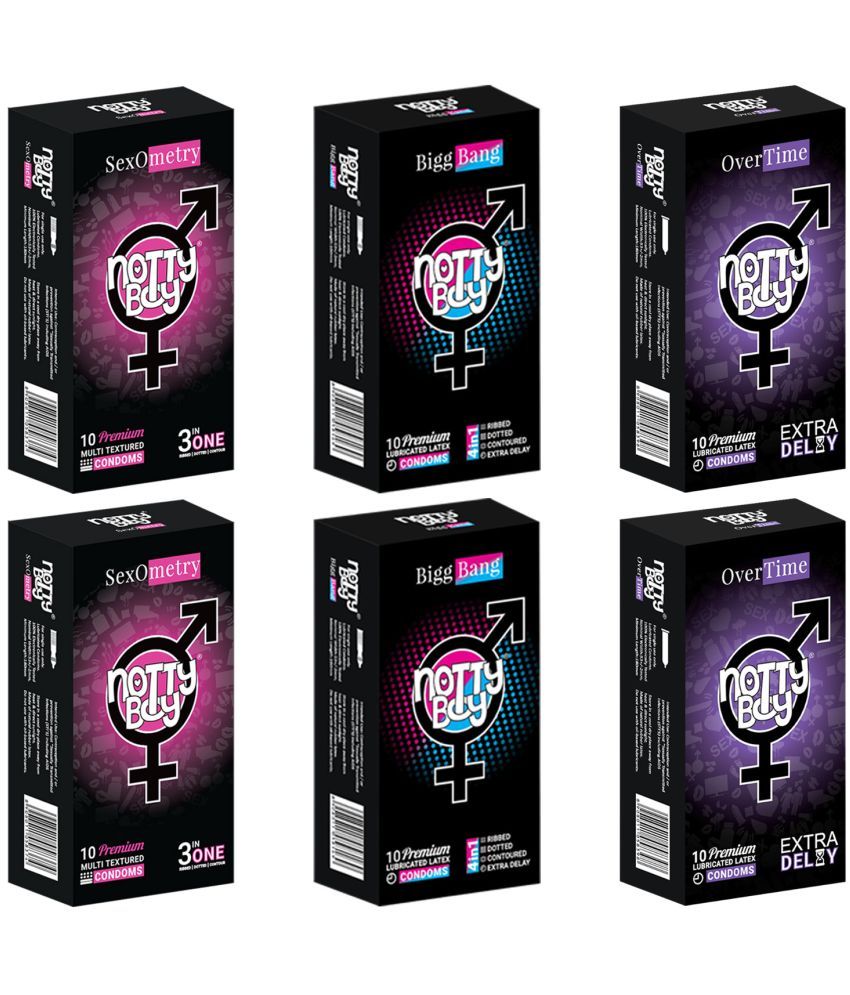     			NottyBoy Pleasure Pack 4 IN 1 & 3 IN 1, Ribbed, Dotted, Contour, Extra Delay and Prolong Effect Condoms - 60 Units