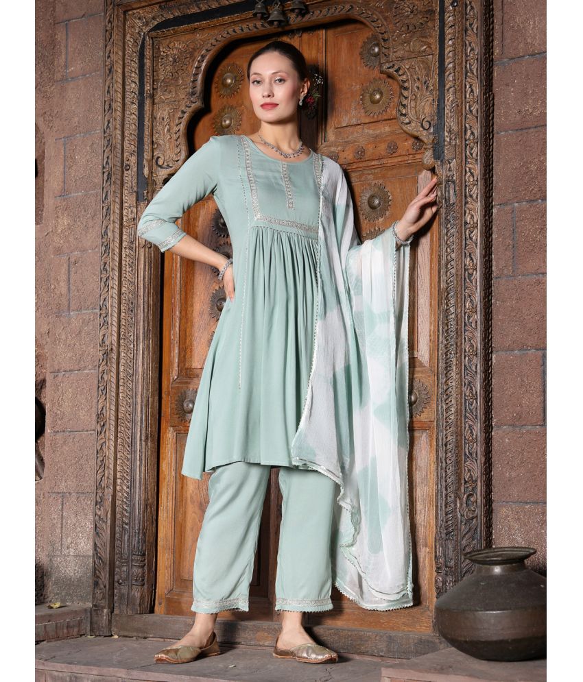     			Stylum Rayon Applique Kurti With Pants Women's Stitched Salwar Suit - Sea Green ( Pack of 1 )
