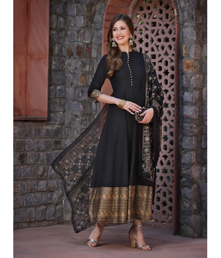     			Stylum Rayon Printed Anarkali Women's Kurti with Dupatta - Black ( Pack of 1 )