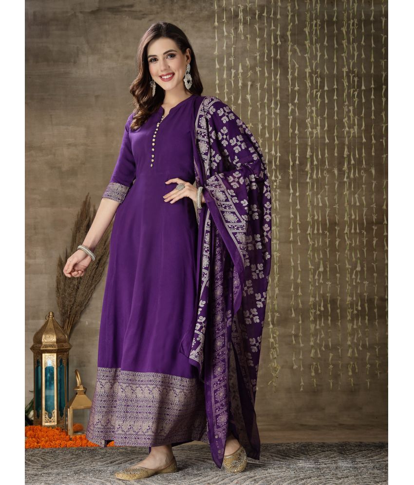     			Stylum Rayon Printed Anarkali Women's Kurti with Dupatta - Purple ( Pack of 1 )