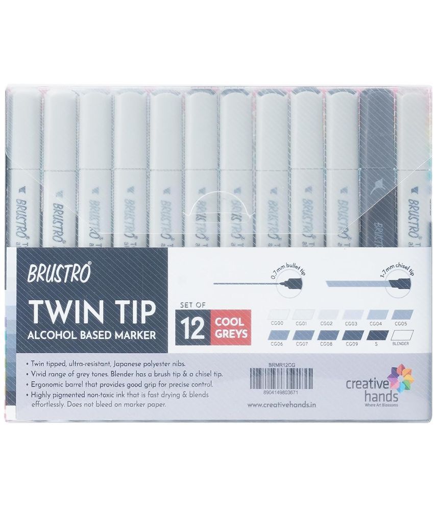     			BRUSTRO Twin Tip Alcohol Based Marker Set of 12 - Cool Greys