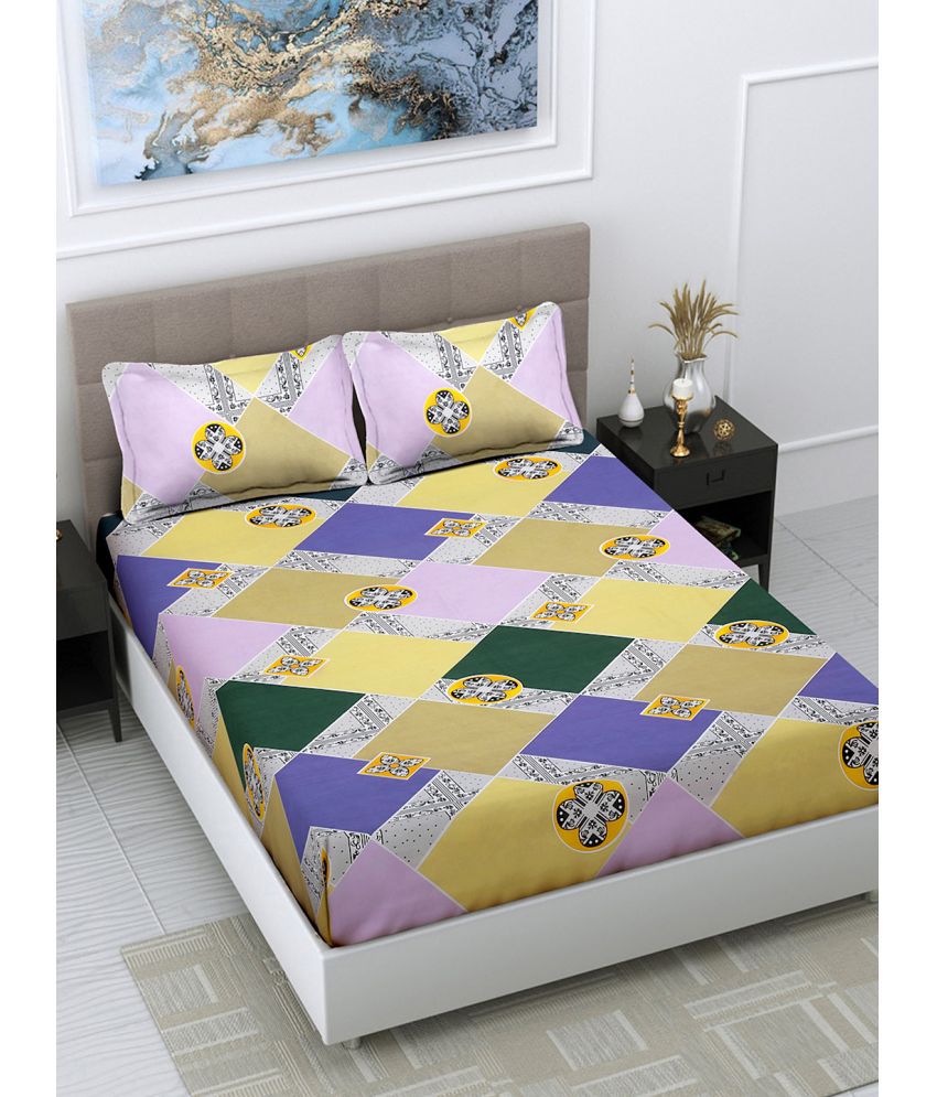     			FABINALIV Poly Cotton Colorblock 1 Double Bedsheet with 2 Pillow Covers - Yellow