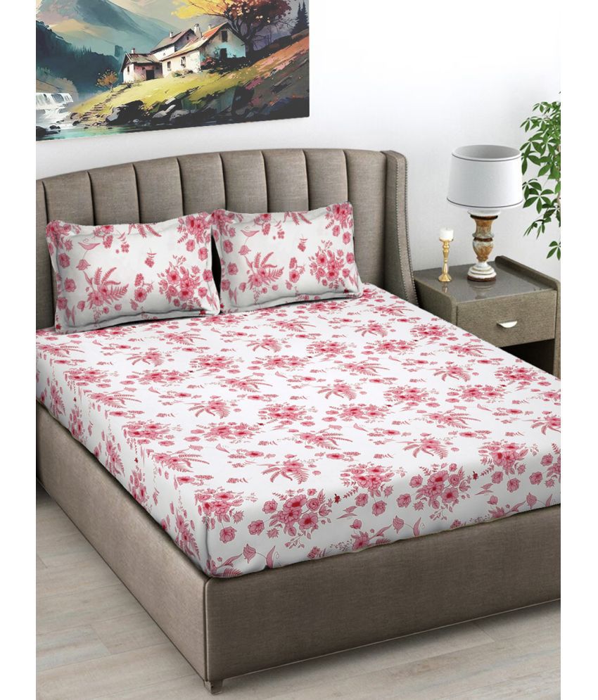     			FABINALIV Poly Cotton Floral 1 Double Bedsheet with 2 Pillow Covers - Pink