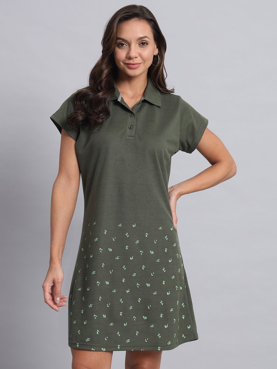     			OBAAN Cotton Blend Printed Above Knee Women's T-shirt Dress - Olive ( Pack of 1 )