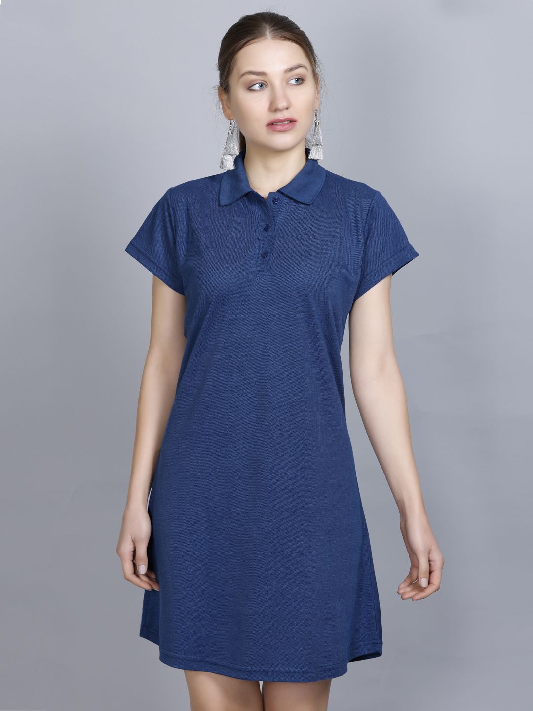     			OBAAN Cotton Blend Solid Above Knee Women's T-shirt Dress - Blue ( Pack of 1 )