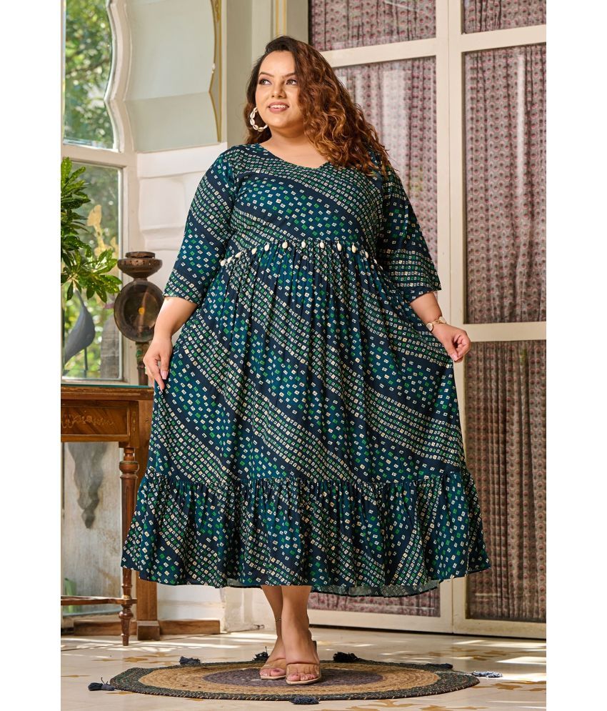     			PrettyPlus by Desinoor.com Rayon Printed Midi Women's Fit & Flare Dress - Teal ( Pack of 1 )