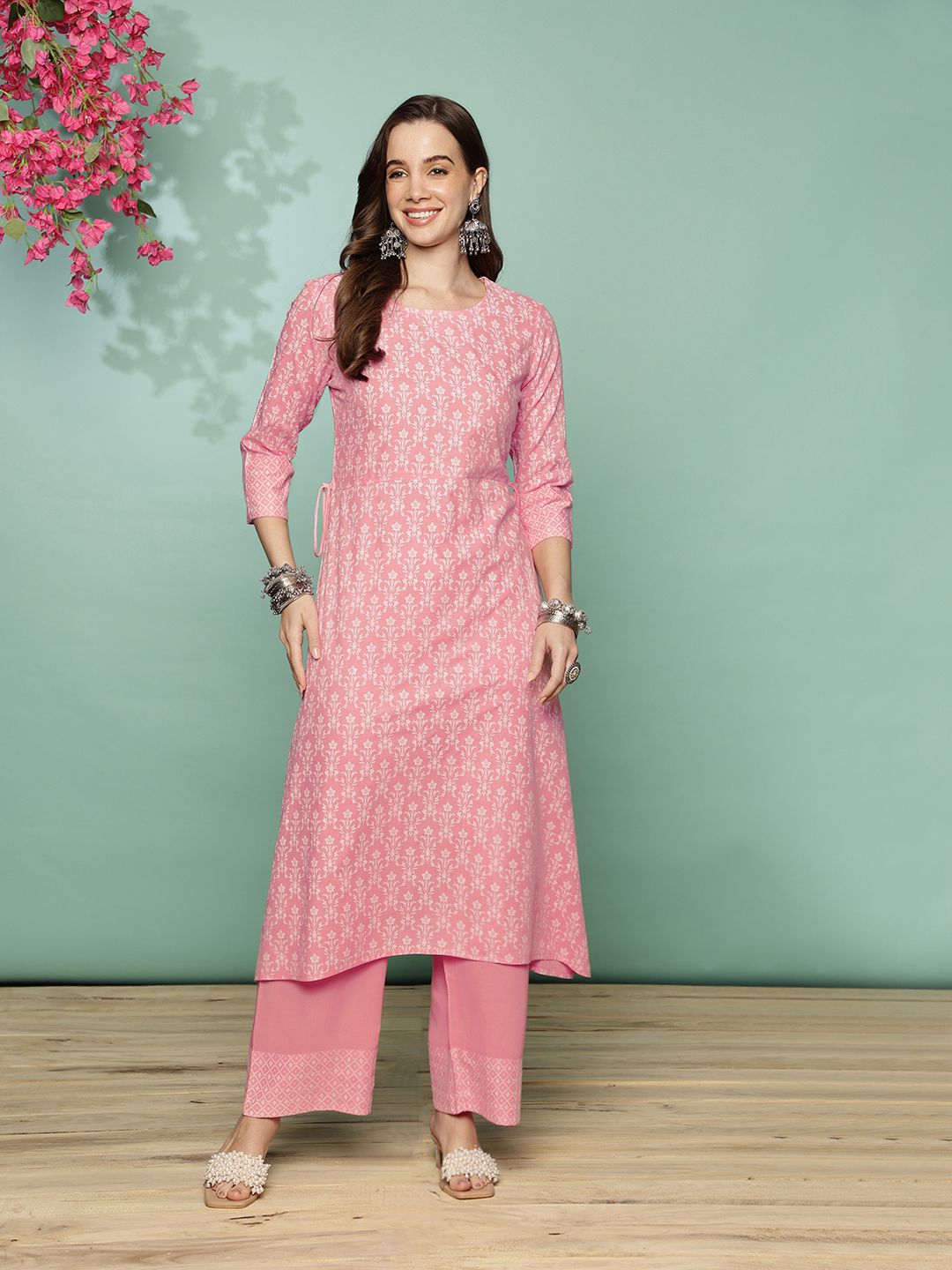     			Rangita Women Rayon Pink Floral Printed Calf Length A-line Kurti With Pants